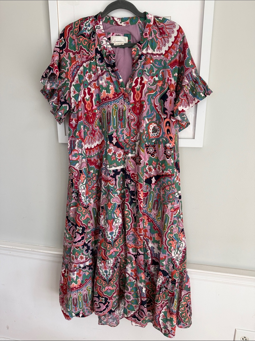 Anthropologie Paisley Midi Dress in Multi (Pink, Green, Red) Lined loose fit